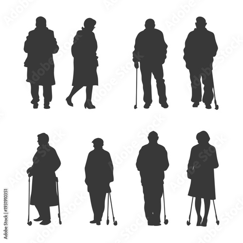Silhouettes of Eight Elderly People Walking with Canes