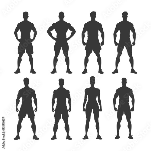 Silhouettes of Eight Muscular Men in Shorts and Sneakers