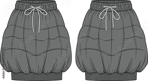 Dark Gray Quilted Puffer Skirt Technical Flat Fashion Sketch CAD Drawing Vector Illustration With Drawstring Waistband and Elasticated Ribbed Hem
