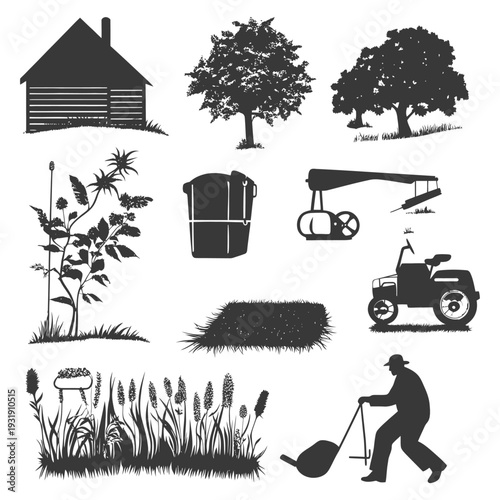 Silhouettes of Farm Elements, Including a House, Trees, Plants, Hay, Tractor, and a Farmer