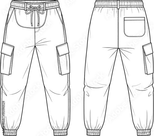 Cargo Jogger Pants Technical Flat Fashion Sketch CAD Drawing Vector Illustration With Utility Pockets Drawstring Waist and Ribbed Ankle Cuffs