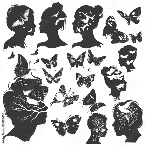 Silhouettes of Female Faces with Butterflies and Birds