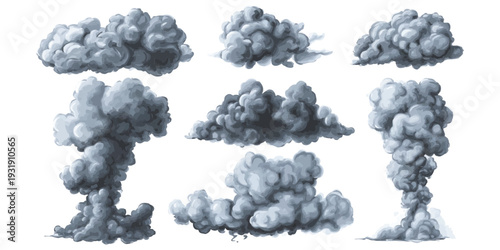 Collection of realistic dark storm clouds and smoke plumes explosion effects vector illustration isolated on white background for creative design