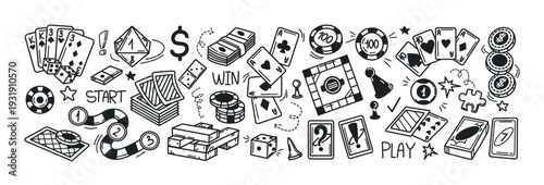 Board games hand drawing doodle set. Vector black icons of playing cards, poker chips, dice, wooden blocks, money banknote, coins. Domino, puzzle and jenga gambling line sketch symbols. Family leisure