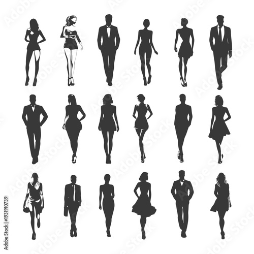 Silhouettes of Men and Women in Fashionable Attire Walking