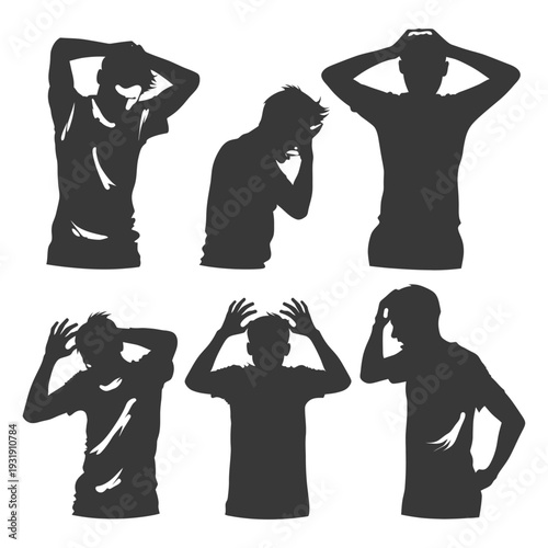 Silhouettes of Men in Various Poses with Hands on Heads