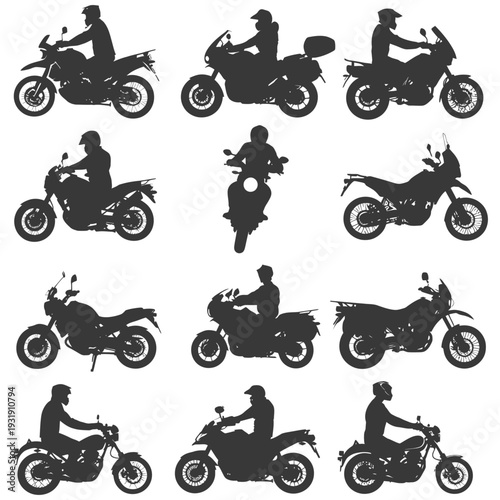 Silhouettes of Motorcyclists Riding Various Motorcycles