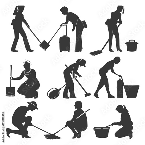 Silhouettes of People Cleaning and Sweeping
