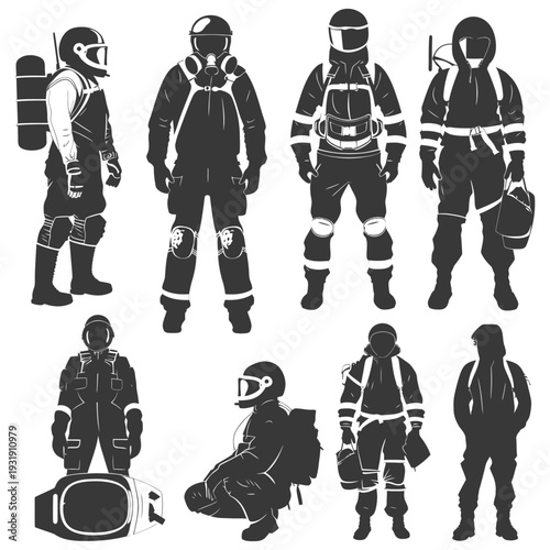 Silhouettes of People in Protective Gear with Backpacks and Helmets