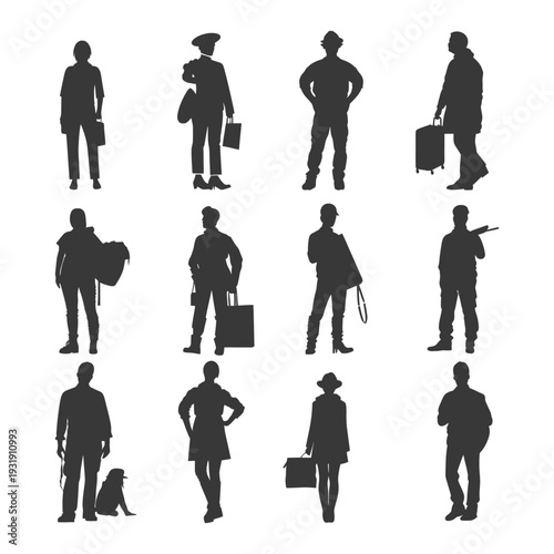 Silhouettes of People in Various Poses Holding Objects