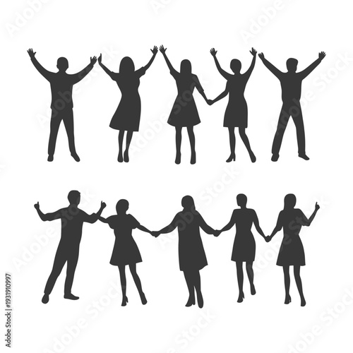 Silhouettes of People in Various Poses with Hands Raised