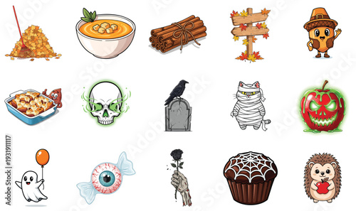 Whimsical cartoon illustration set featuring diverse Halloween, autumn, and food-related elements for various creative projects
