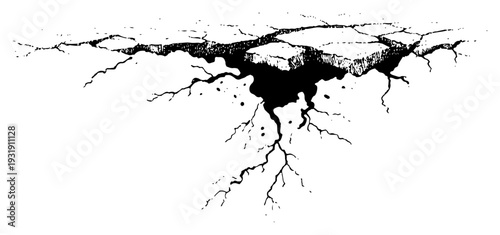 Detailed perspective sketch of a deep ground failure and cracked earth abyss in ink style