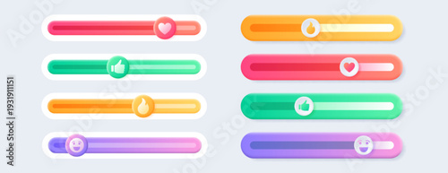 Vector set of colorful reaction sliders, feedback emoticons with happy smile emoji, heart, thumb, fire icons. Customer satisfaction rating scale, scroll bars for website, social media or internet page