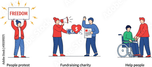Vector illustration of protest for freedom, fundraising charity with megaphone, and helping disabled people in wheelchair community support