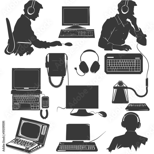 Silhouettes of People Using Different Types of Computers and Devices