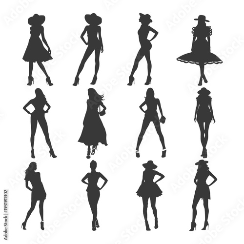 Silhouettes of Stylish Women in Dresses and Hats
