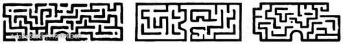 Set of hand drawn ink sketches showing three different complex maze puzzles