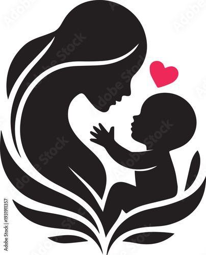 Stylized silhouette icon of a mother gently cradling her baby, with a prominent red heart symbolizing profound maternal love, care, and the enduring family bond