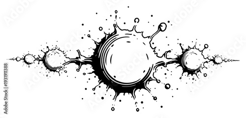 Abstract black ink splash with circular droplets and liquid splatter design
