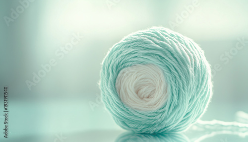 Thick Chunky Knitting Yarn Roll on Reflective Table with Glamorous Pastel Blurred Background, Modern Craft Supplies Advertising