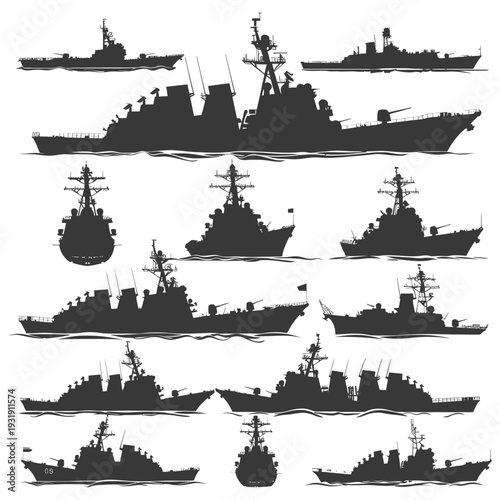 Silhouettes of Various Navy Warships in Open Water