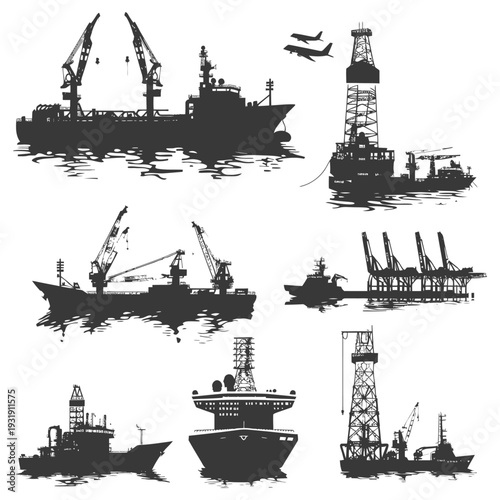 Silhouettes of Various Ships and Offshore Oil Rigs at Sea