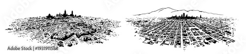 Set of two hand drawn aerial perspective city sketches with urban layouts