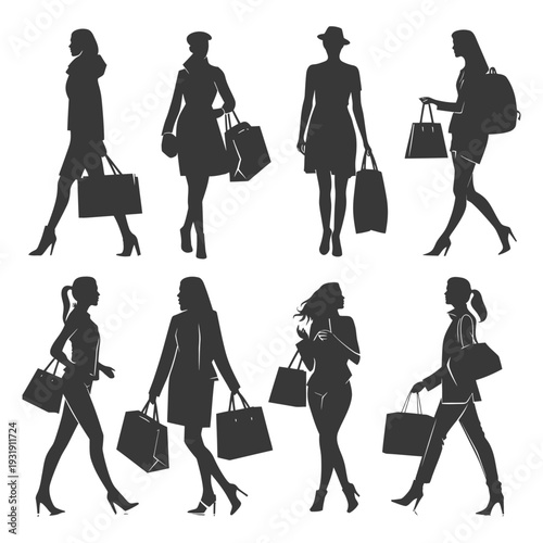 Silhouettes of Women Walking with Shopping Bags