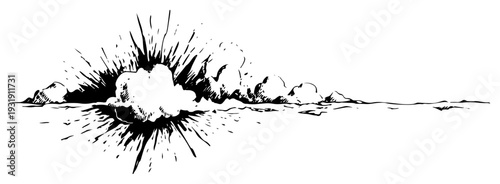 Dramatic hand drawn ink sketch of a powerful ground explosion with smoke and debris
