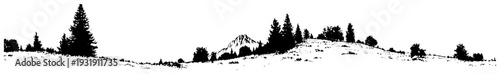 Minimalist black and white forest landscape silhouette with pine trees and hills