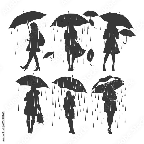 Silhouettes of Women with Umbrellas in the Rain