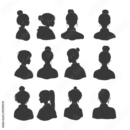 Silhouettes of Women with Various Hairstyles and Poses