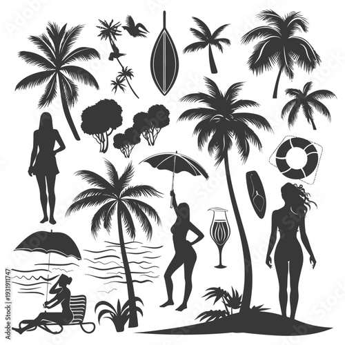 Silhouette Tropical Beach Scene with Palm Trees, Women, and Accessories