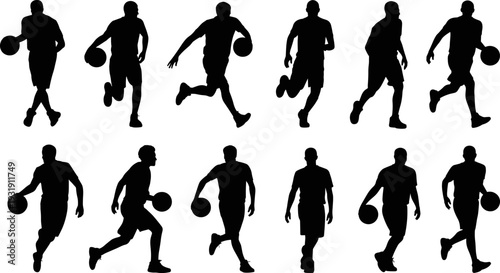 Set of basketball player silhouettes in various action poses including dribbling running and professional athlete movements isolated on white background for sports design (24 words)