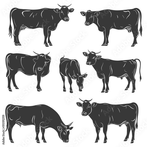 Six Silhouettes of Cows in Various Poses