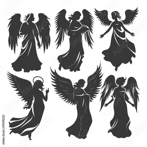 Six Silhouettes of Angels with Wings and Dresses