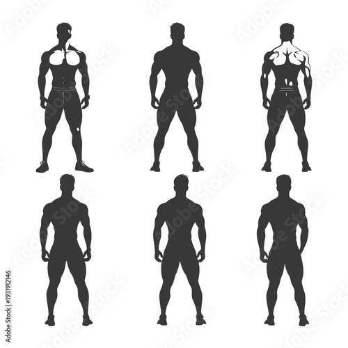 Six Silhouettes of a Muscular Man Standing in Different Poses