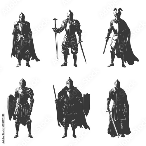 Six Silhouettes of Medieval Knights in Full Armor