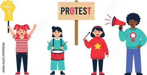 Cartoon protest illustration with diverse activists, signs, megaphone, drum, unity and activism concept, social movement vector art design