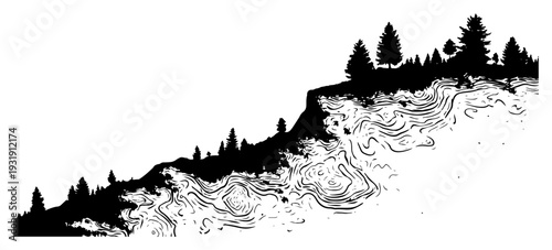 Detailed ink sketch of a forest slope with topographic line textures and pine trees