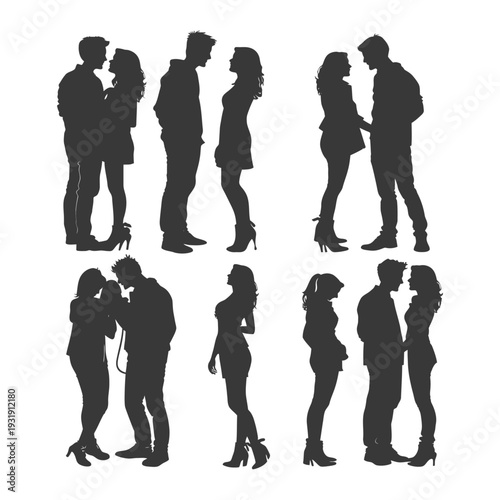 Six Silhouettes of Romantic Couples in Various Poses