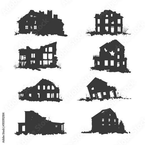 Six Silhouettes of Ruined and Abandoned Houses