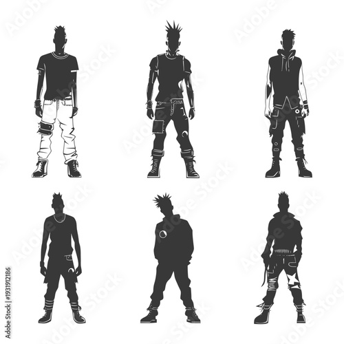 Six Silhouettes of Punk Rock Men in Various Poses