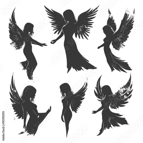 Six Silhouettes of Winged Female Figures with Grunge Texture