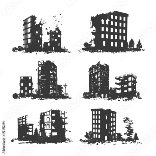 Six Silhouettes of Ruined Buildings with Trees and Birds in Flight