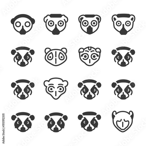 Sixteen Black and White Illustrations of a Lemur's Face