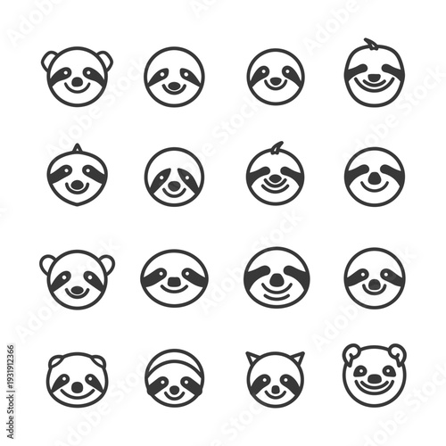 Sixteen Black and White Outline Illustrations of Sloth Faces