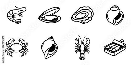 Collection d’icônes minimalistes représentant des fruits de mer bretons : huître, crabe, homard, crevette, bulot, bigorneau, moule et sardines en boîte, en style line art noir