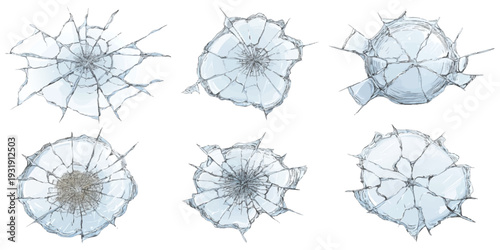 Set of realistic broken glass cracks and bullet hole impact effects isolated on white background vector illustration design elements